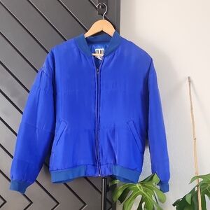 Vintage Clio 100% Silk Bomber Jacket Blue Size M 90s Retro